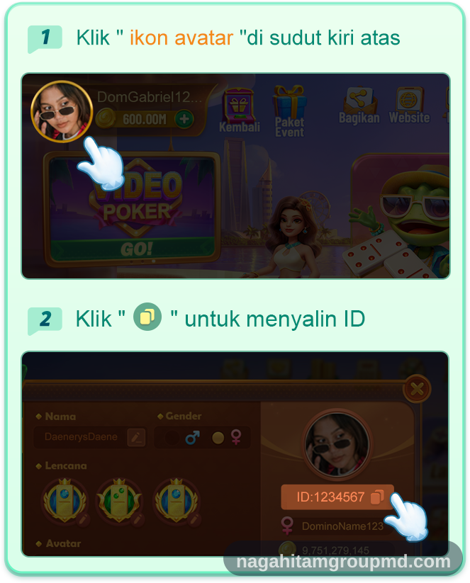 Panduan: ketuk ikon avatar di sudut kiri atas permainan, lalu ketuk ikon salin di samping nomor User ID.